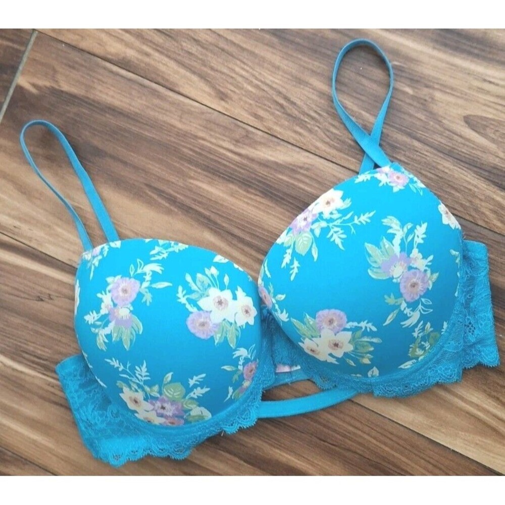 Jezebel Push Up Padded Bra Size 36C Floral Blue Lace Mesh Romantic Bloomcore